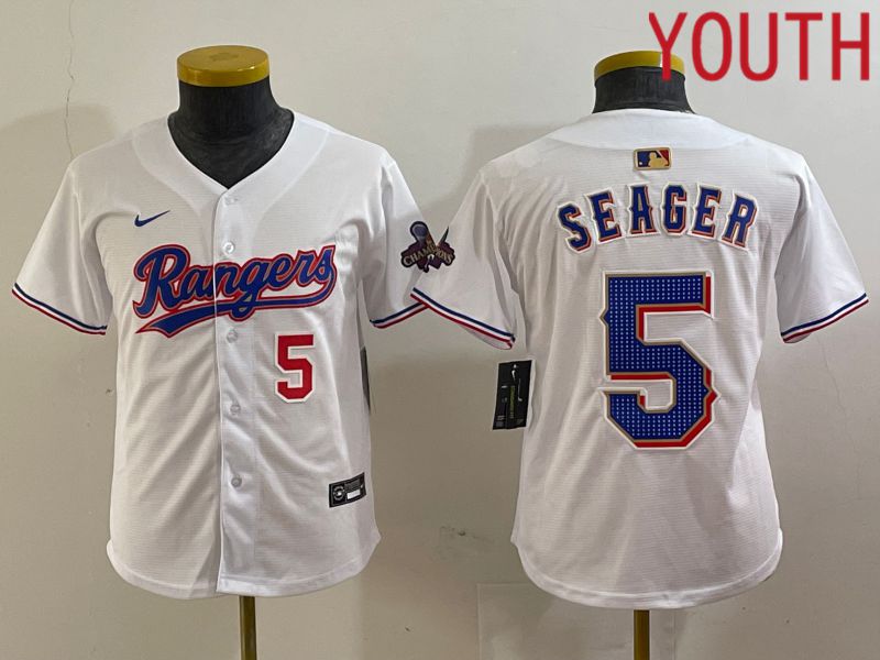 Youth Texas Rangers 5 Seager White Champion Game Nike 2024 MLB Jersey style 2